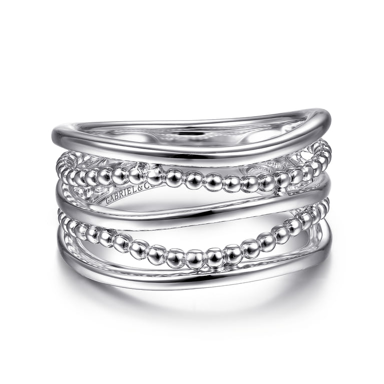 925 Sterling Silver Multi Row Bujukan Bead Curved Wide Band Ring - Shot 1