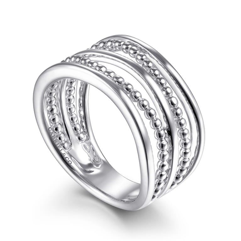 925 Sterling Silver Multi Row Bujukan Bead Curved Wide Band Ring - Shot 3