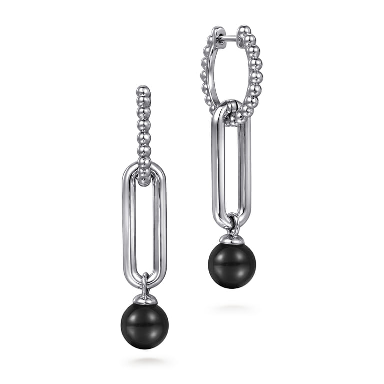 925 Sterling Silver Onyx Bujukan Huggie Drop Earrings - Shot 1