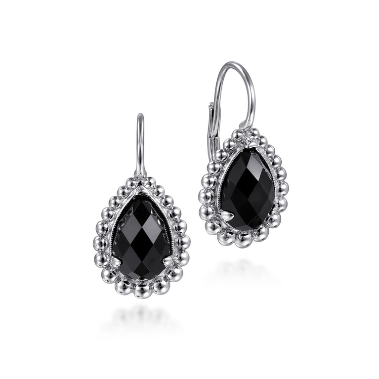 925 Sterling Silver Onyx Bujukan Pear Shape Leverback Earrings With Pattern - Shot 1