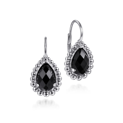 925 Sterling Silver Onyx Bujukan Pear Shape Leverback Earrings with Pattern