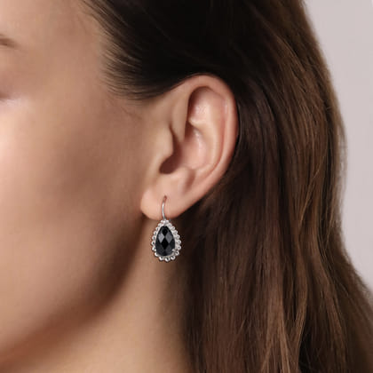 925 Sterling Silver Onyx Bujukan Pear Shape Leverback Earrings with Pattern