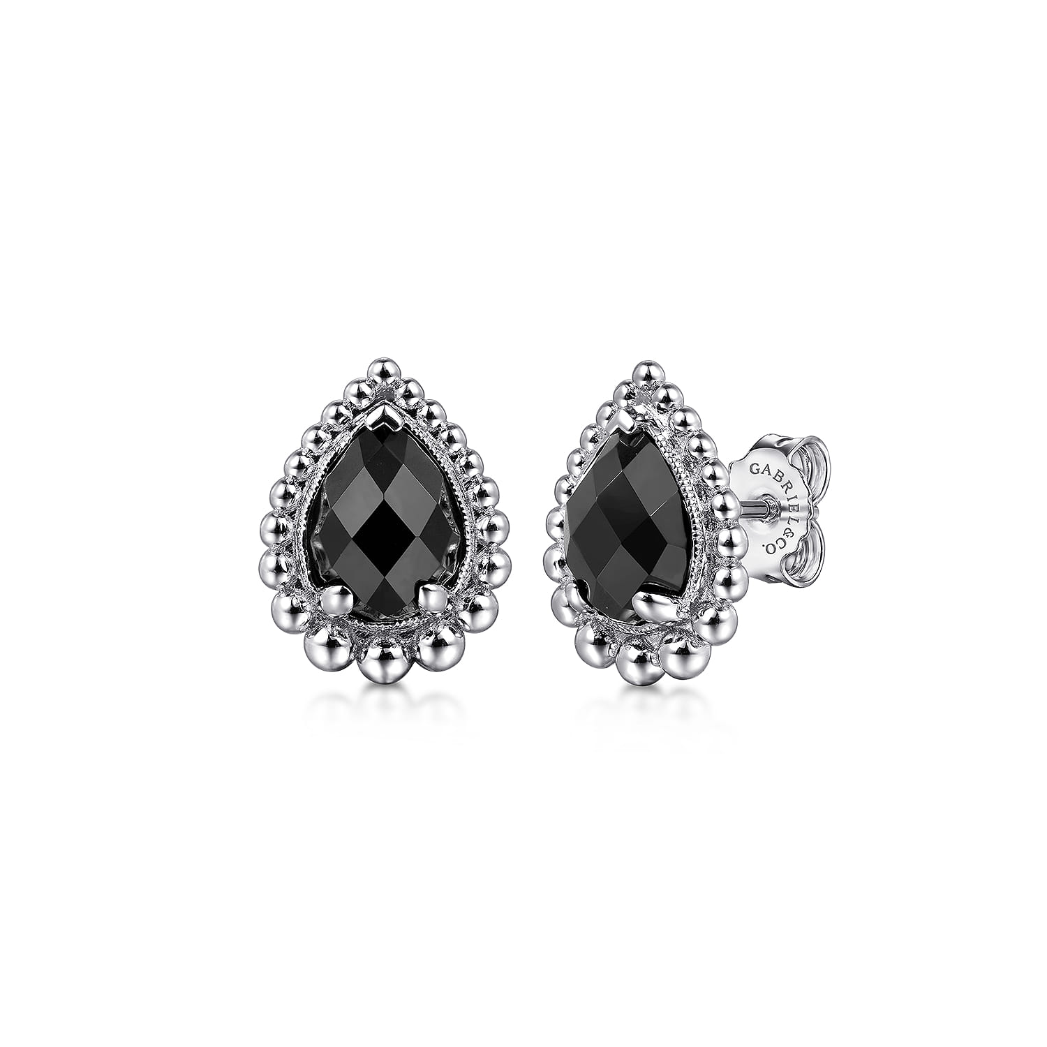 925 Sterling Silver Onyx Bujukan Pear Shape Stud Earrings With Pattern - Shot 1