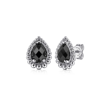 925 Sterling Silver Onyx Bujukan Pear Shape Stud Earrings with Pattern