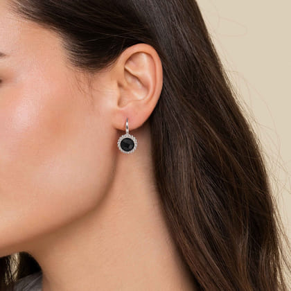 925 Sterling Silver Onyx Bujukan Round Shape Leverback Earrings With Pattern