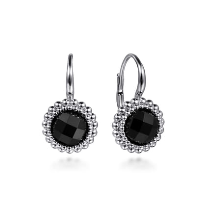925 Sterling Silver Onyx Bujukan Round Shape Leverback Earrings with Pattern