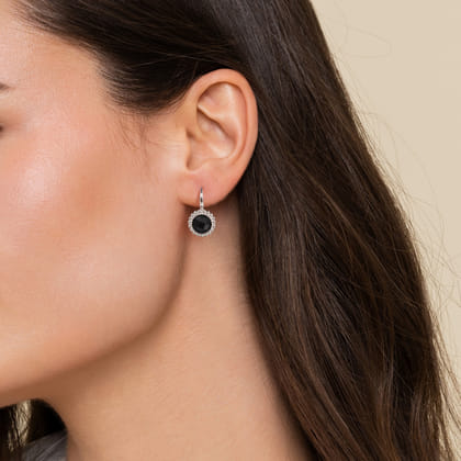925 Sterling Silver Onyx Bujukan Round Shape Leverback Earrings with Pattern