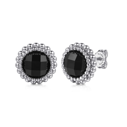 925 Sterling Silver Onyx Bujukan Round Shape Stud Earrings With Pattern