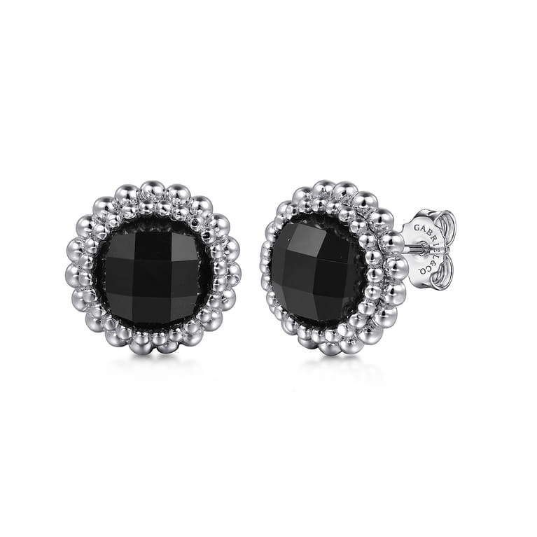 925 Sterling Silver Onyx Bujukan Round Shape Stud Earrings With Pattern - Shot 1