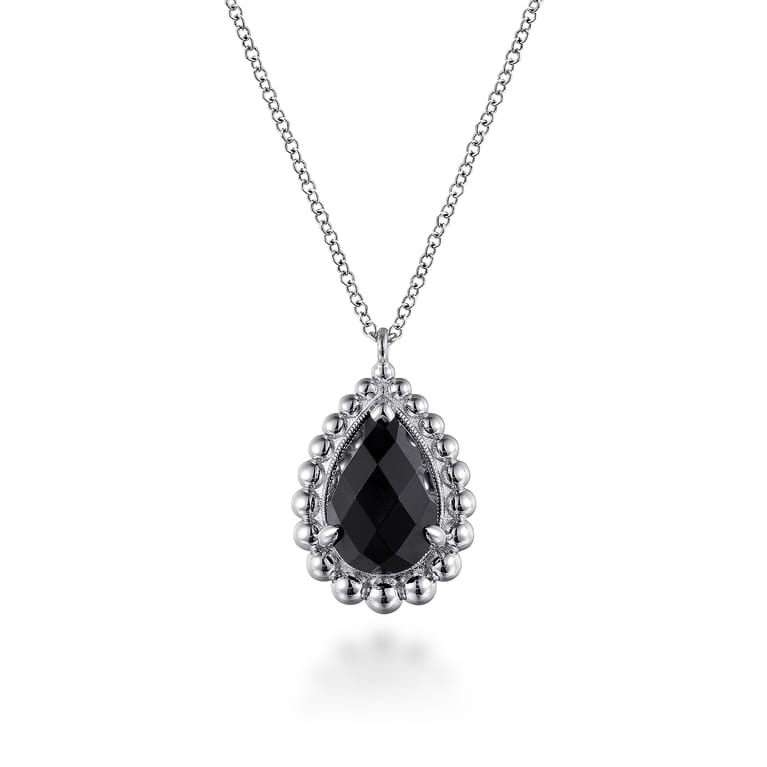 925 Sterling Silver Onyx Bujukan Teardrop Necklace With Pattern - Shot 1