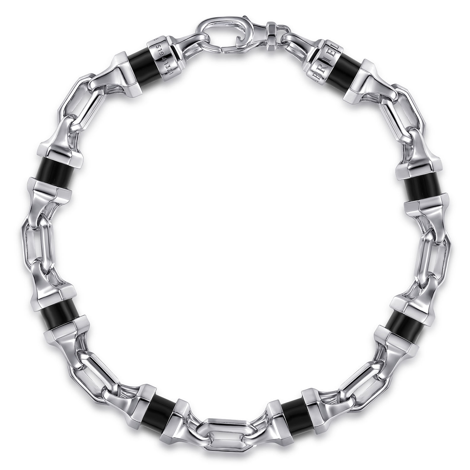 925 Sterling Silver Onyx Cylinder Beaded Mens Bracelet