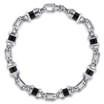 925 Sterling Silver Onyx Cylinder Beaded Mens Bracelet