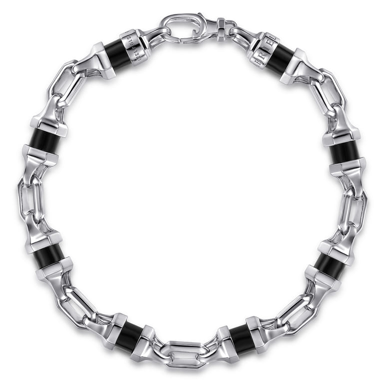 925 Sterling Silver Onyx Cylinder Beaded Mens Bracelet - Shot 1