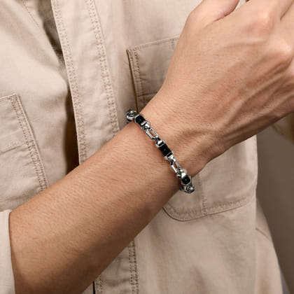 925 Sterling Silver Onyx Cylinder Beaded Mens Bracelet