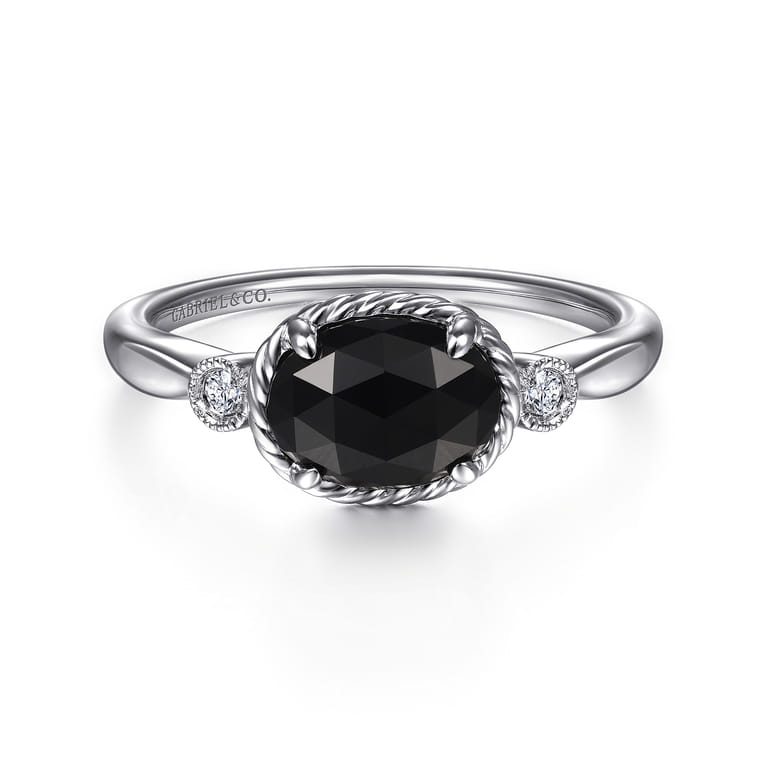 925 Sterling Silver Onyx and Diamond Ring - 0.03 ct - Shot 1