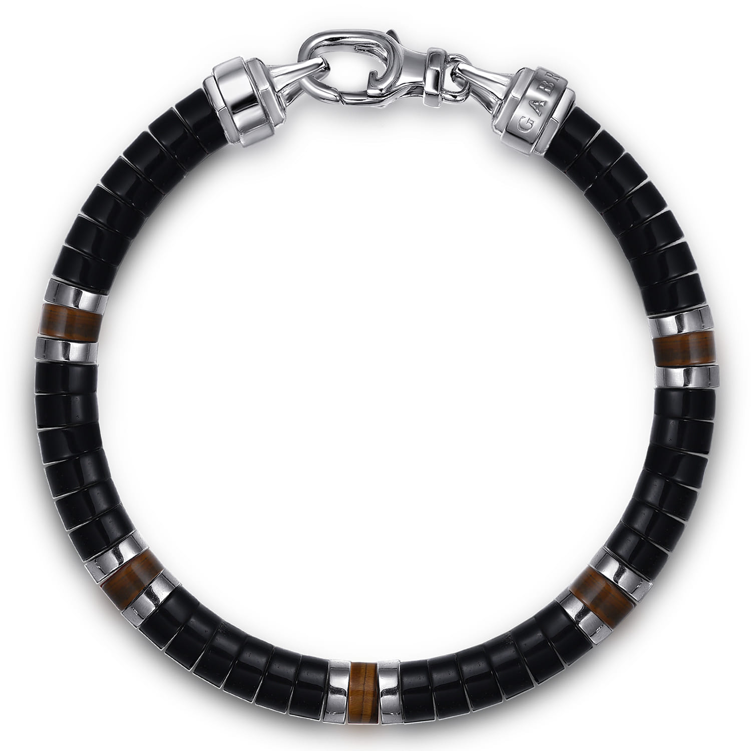 925 Sterling Silver Onyx and Tiger Eye Cylinder Beaded Bracelet - Shot 1