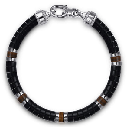 925 Sterling Silver Onyx and Tiger Eye Cylinder Beaded Bracelet