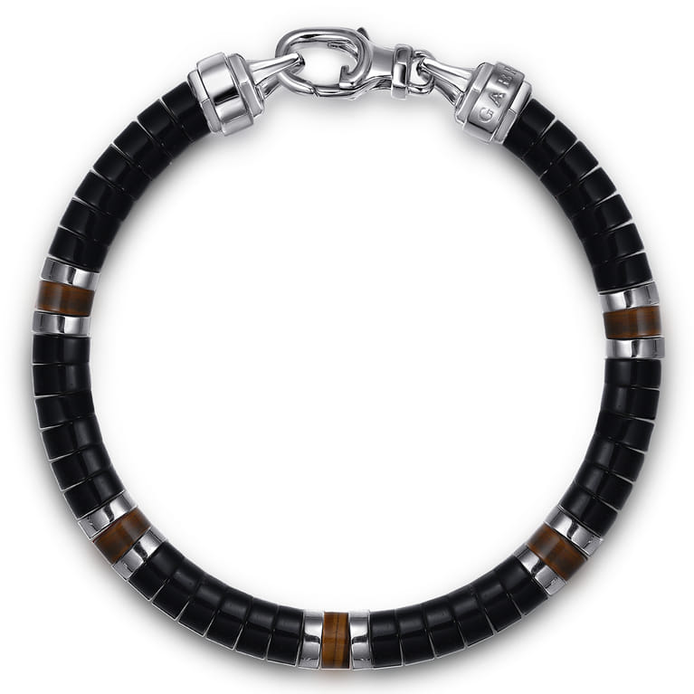 925 Sterling Silver Onyx and Tiger Eye Cylinder Beaded Bracelet - Shot 1