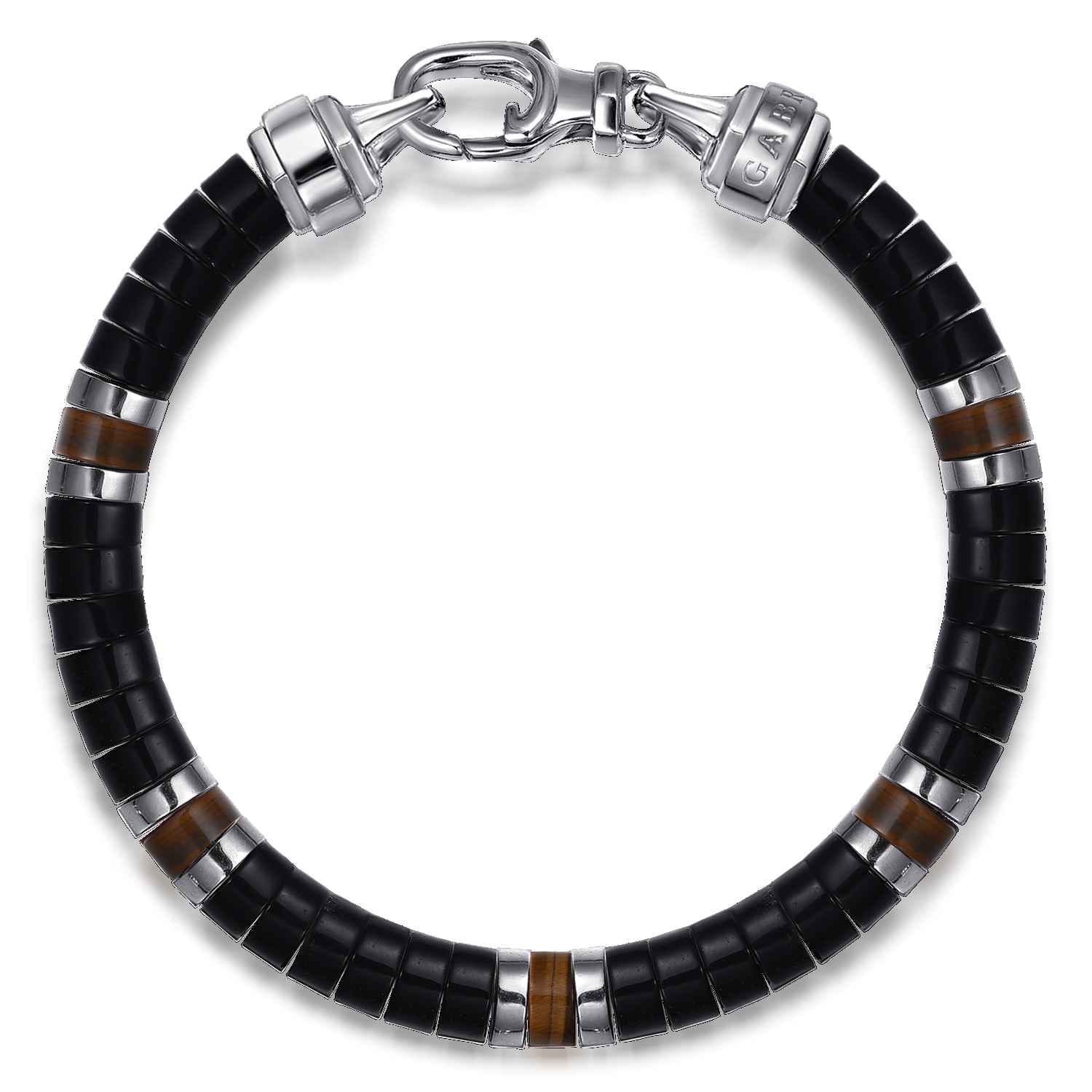 925 Sterling Silver Onyx and Tiger Eye Cylinder Beaded Bracelet - Shot 1