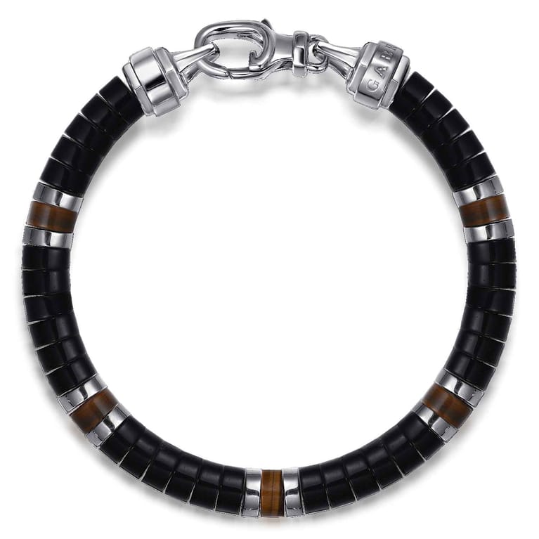 925 Sterling Silver Onyx and Tiger Eye Cylinder Beaded Bracelet - Shot 1