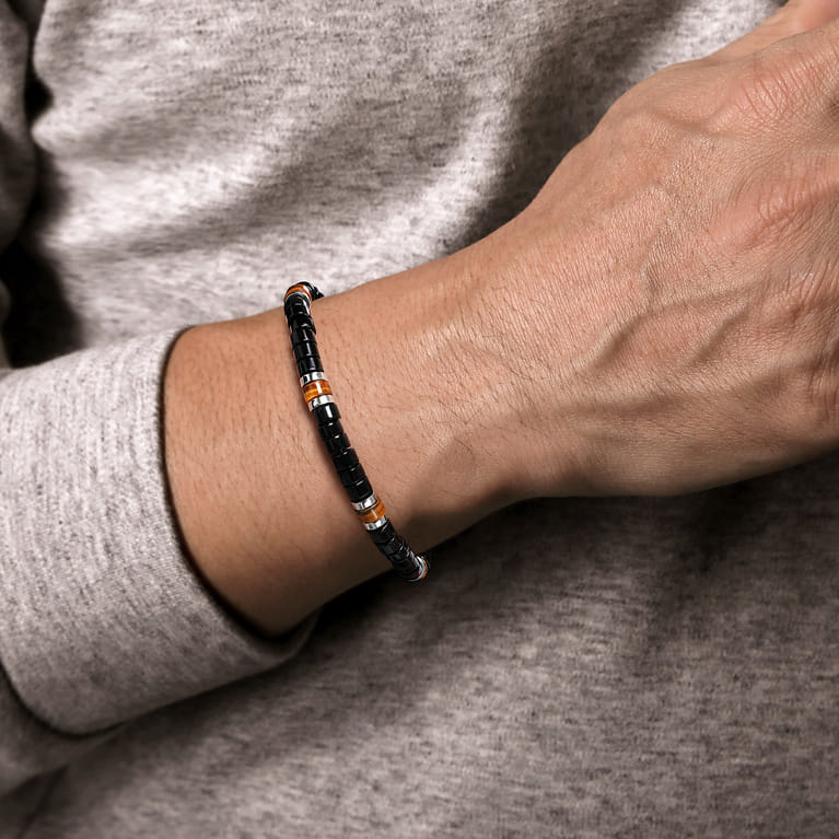 925 Sterling Silver Onyx and Tiger Eye Cylinder Beaded Bracelet - Shot 3