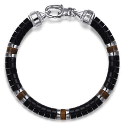 925 Sterling Silver Onyx and Tiger Eye Cylinder Beaded Bracelet