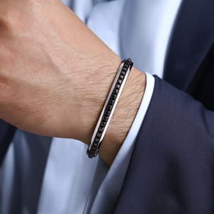 925 Sterling Silver Open Cuff Bracelet with Black Grommet Inlay