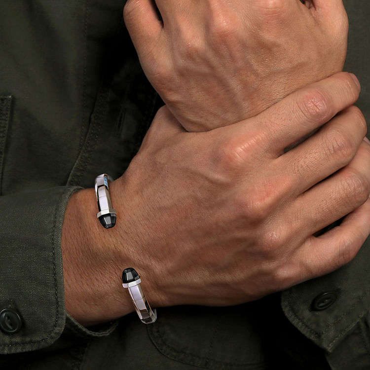 925 Sterling Silver Open Cuff Bracelet with Black Onyx Stones