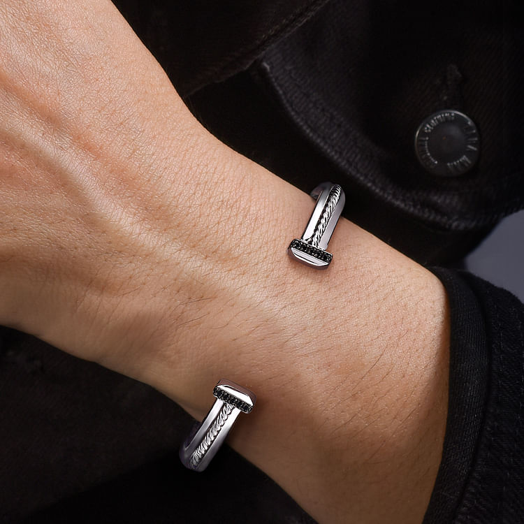 925 Sterling Silver Open Cuff Bracelet with Black Spinel