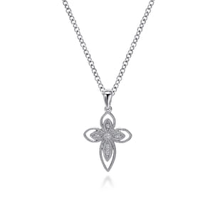 925 Sterling Silver Openwork Diamond Cross Necklace