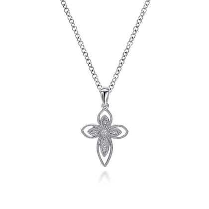 925 Sterling Silver Openwork Diamond Cross Necklace
