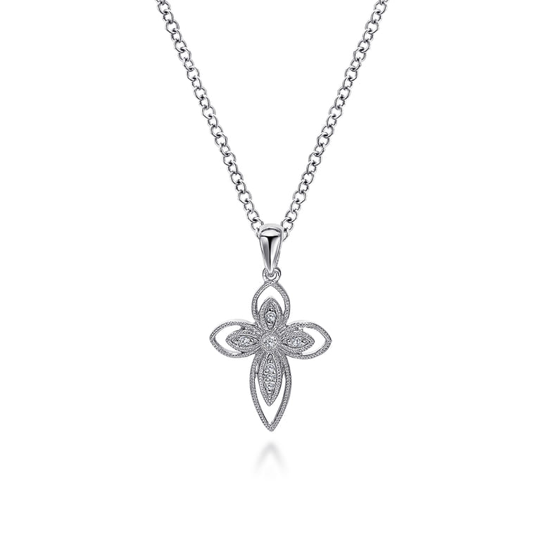 925 Sterling Silver Openwork Diamond Cross Necklace - 0.03 ct - Shot 1