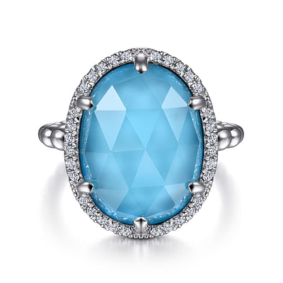 925 Sterling Silver Oval Rock Crystal and Turquoise Signet Ring with White Sapphire Halo