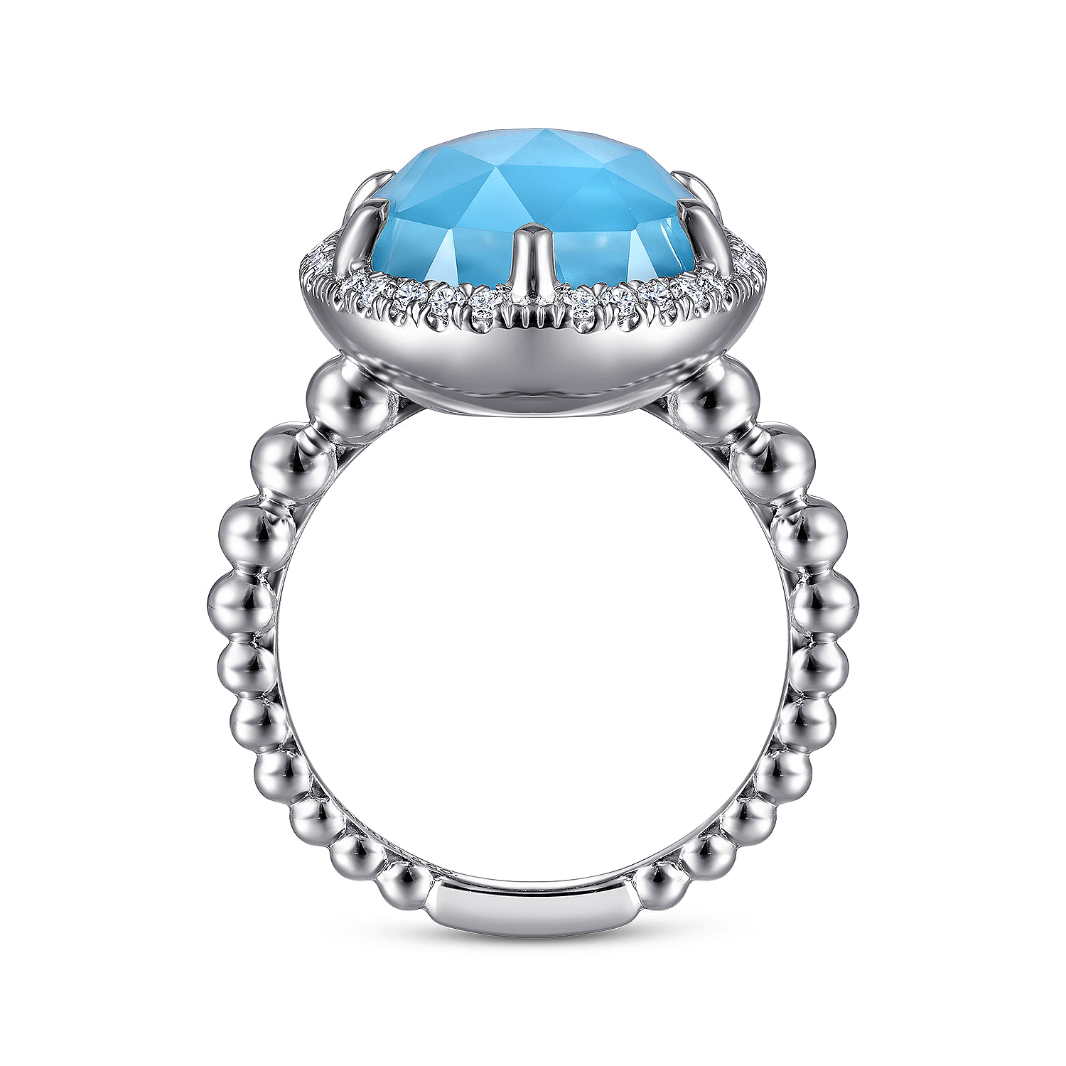 925 Sterling Silver Oval Rock Crystal and Turquoise Signet Ring with White Sapphire Halo - Shot 2