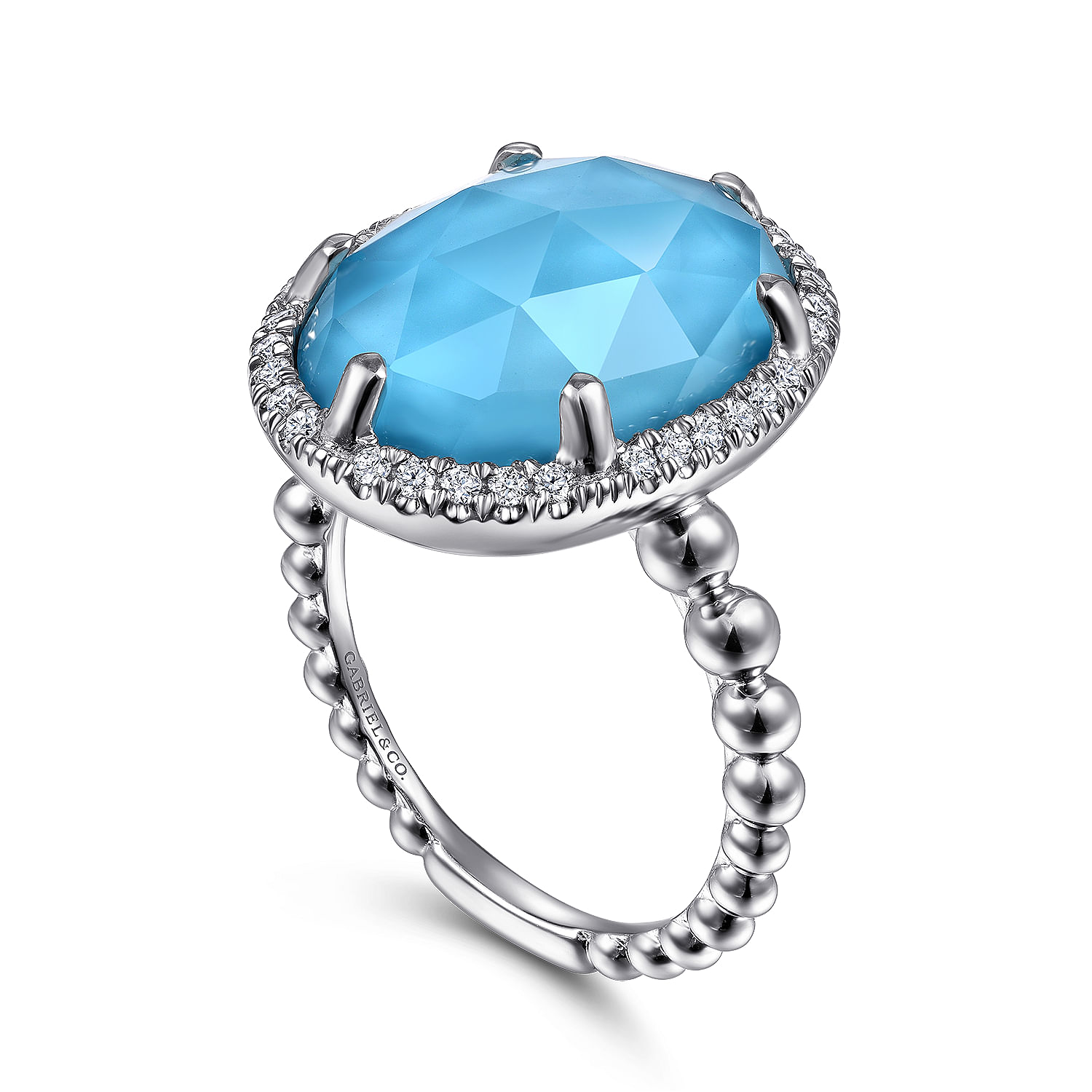 925 Sterling Silver Oval Rock Crystal and Turquoise Signet Ring with White Sapphire Halo - Shot 3
