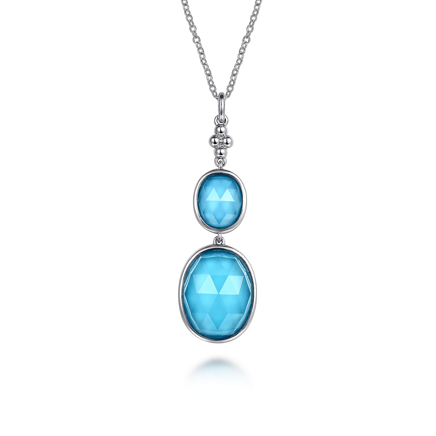 925 Sterling Silver Oval Shape Rock Crystal and Turquoise Bujukan Drop Necklace