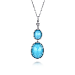 925 Sterling Silver Oval Shape Rock Crystal and Turquoise Bujukan Drop Necklace
