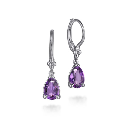 925 Sterling Silver Pear Amethyst Bujukan Drop Earrings