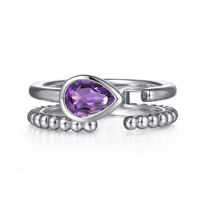 925 Sterling Silver Pear Amethyst Bujukan Open Ring