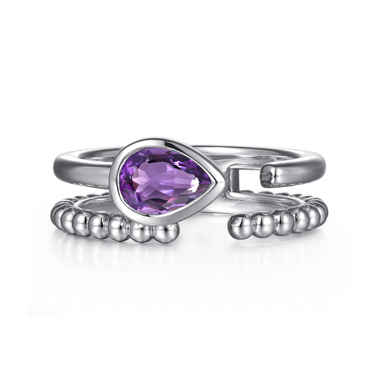 925 Sterling Silver Pear Amethyst Bujukan Open Ring - Shot 1