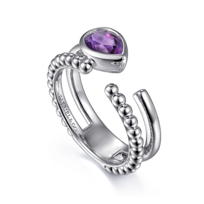 925 Sterling Silver Pear Amethyst Bujukan Open Ring