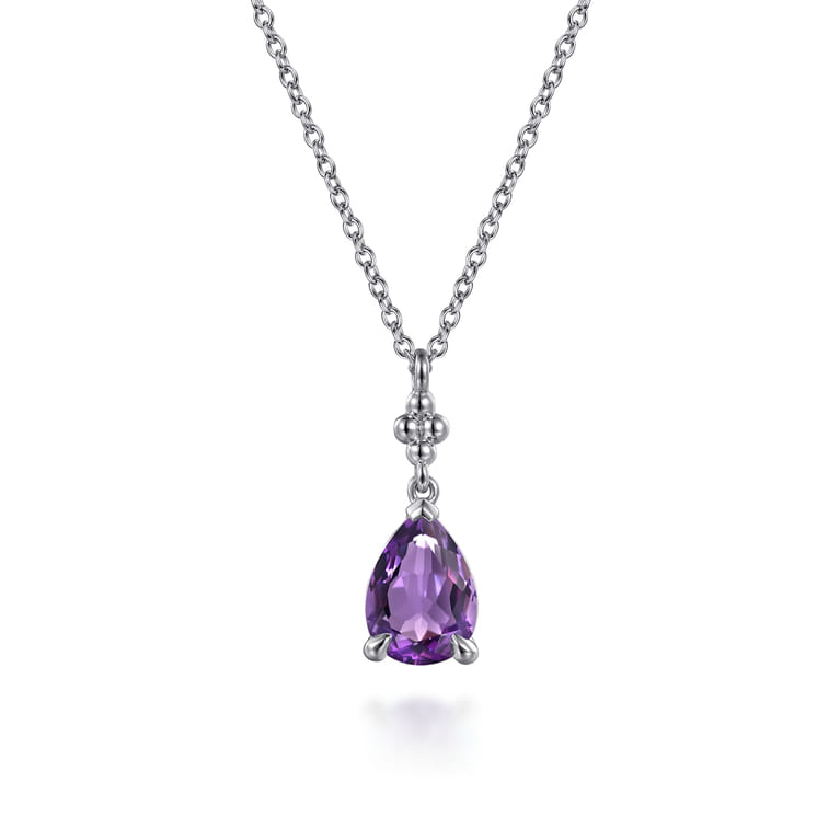 925 Sterling Silver Pear Amethyst Bujukan Pendant Necklace - Shot 1