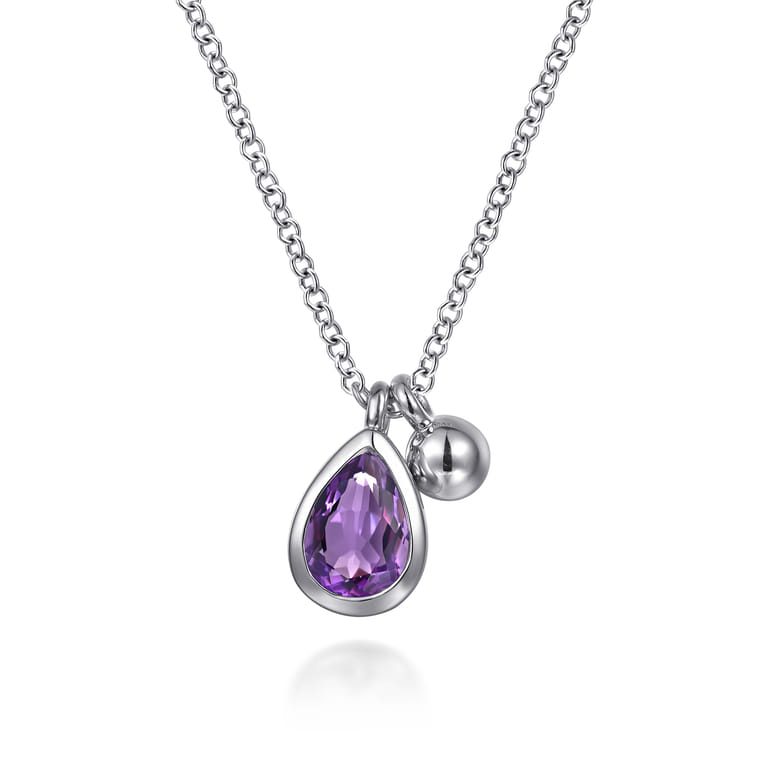 925 Sterling Silver Pear Amethyst Bujukan Pendant Necklace - Shot 1