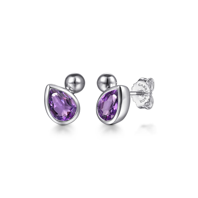 925 Sterling Silver Pear Amethyst Bujukan Stud Earrings - Shot 1