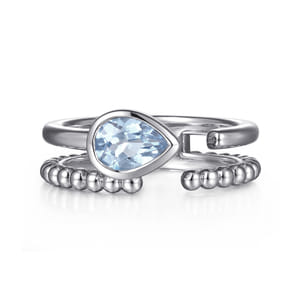 925 Sterling Silver Pear Aquamarine Bujukan Open Ring