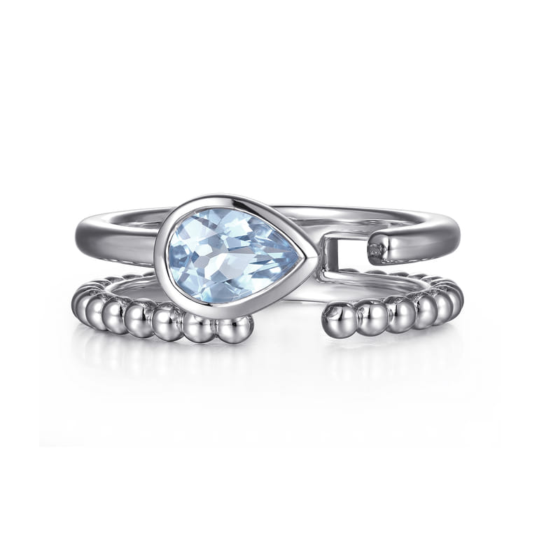 925 Sterling Silver Pear Aquamarine Bujukan Open Ring - Shot 1