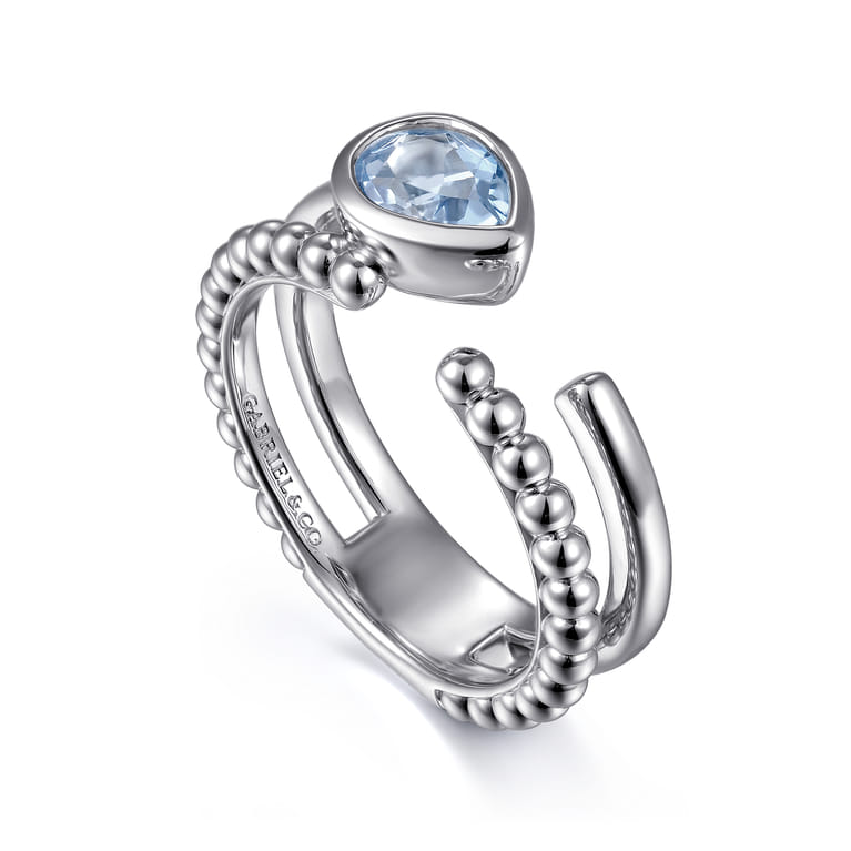 925 Sterling Silver Pear Aquamarine Bujukan Open Ring - Shot 3