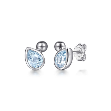 925 Sterling Silver Pear Aquamarine Bujukan Stud Earrings