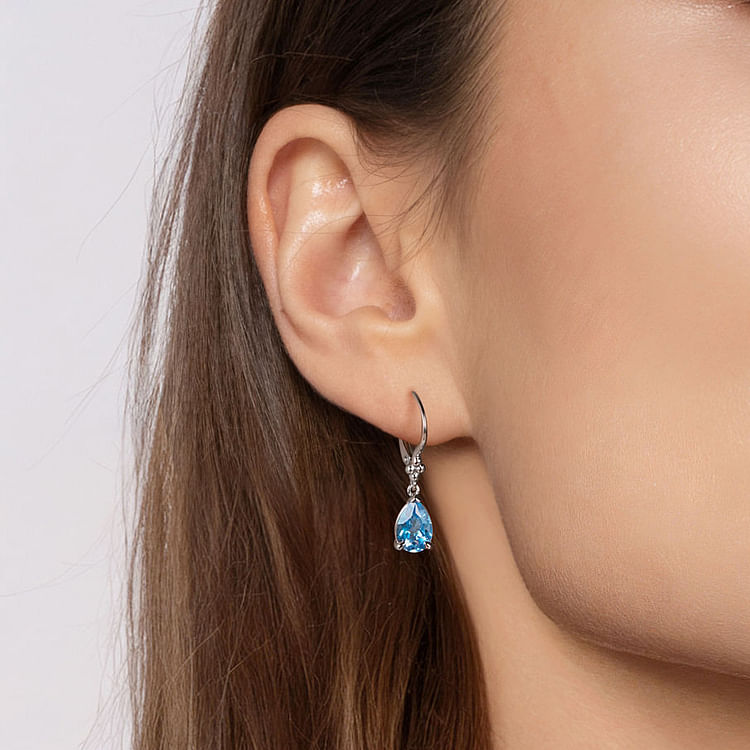 925 Sterling Silver Pear Blue Topaz Bujukan Drop Earrings