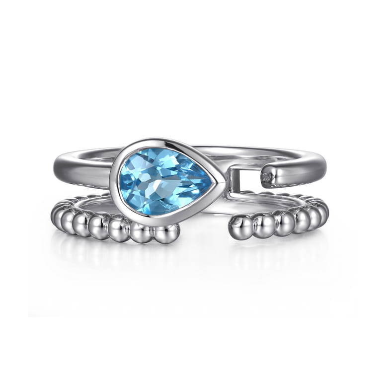 925 Sterling Silver Pear Blue Topaz Bujukan Open Ring - Shot 1